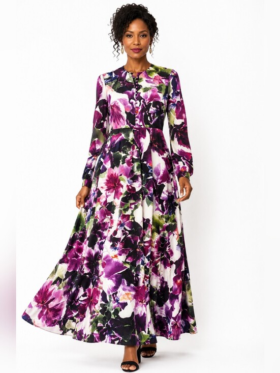 Annahhariri Dresses & Skirts - AnnahHariri Purple Watercolor Floral Maxi Dress Long Sleeve Size 6